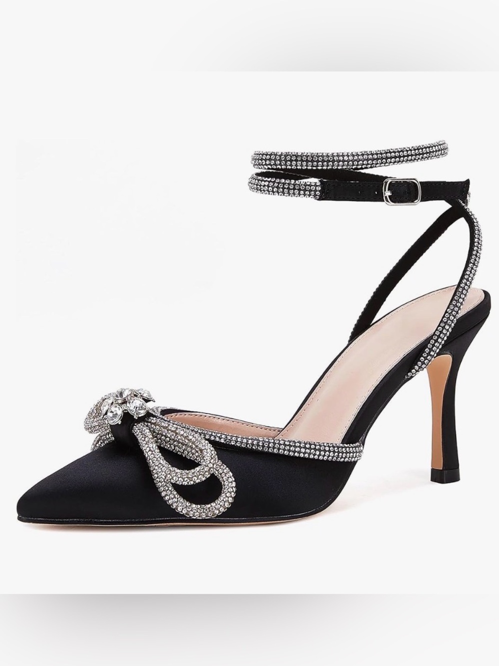 Black Rhinestone Bow Pointed-Toe Ankle-Strap Heel. Women’s Size 6.5